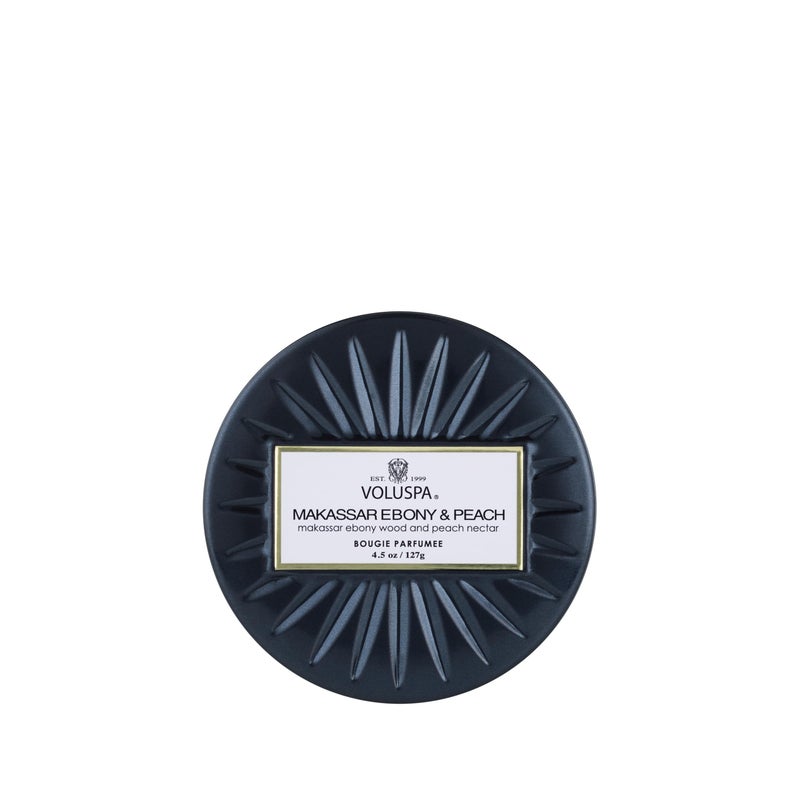 Voluspa Makassar Ebony & Peach, Mini Tin Candle, 4 oz, 25 Hour Burn Time, Coconut Wax for Clean Burning, Handcrafted in The USA - Image 1